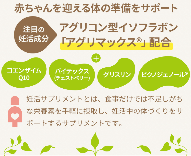 妊活で注目の成分
アグリマックス®配合の妊活サプリメント コエンザイムQ10 バイデックス（チェストベリー） グリスリン ピクノジェノール® 妊活サプリメントとは、食事だけでは不足しがちな栄養素を手軽に摂取し、妊活中の体づくりをサポートするサプリメントです。