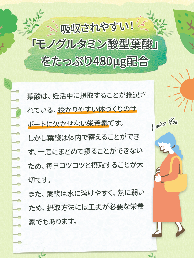 吸収されやすい！「モノグルタミン酸型葉酸」をたっぷり480μg配合葉酸は、妊活中に摂取することが推奨されている、授かりやすい体づくりのサポートに欠かせない栄養素です。しかし葉酸は体内で蓄えることができず、一度にまとめて摂ることができないため、毎日コツコツと摂取することが大切です。また、葉酸は水に溶けやすく、熱に弱いため、摂取方法には工夫が必要な栄養素でもあります。