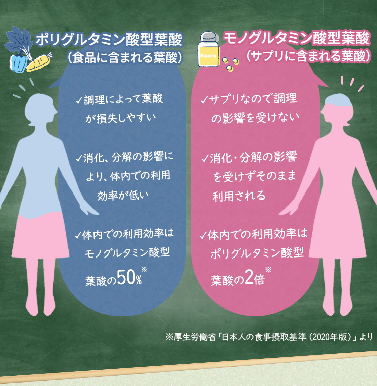 また、、葉酸サプリは調理による栄養の損失もないため、効率的な葉酸の摂取におすすめです。ポリグルタミン酸型葉酸（食品に含まれる葉酸）・調理によって葉酸が損失しやすい・消化、分解の影響により、体内での利用効率が低い・体内での利用効率はモノグルタミン酸型葉酸の50%※モノグルタミン酸型葉酸（サプリに含まれる葉酸）・サプリなので調理の影響を受けない・消化・分解の影響を受けず、そのまま利用される・体内での利用効率はポリグルタミン酸型葉酸の2倍※※厚生労働省「日本人の食事摂取基準（2020年版）」より