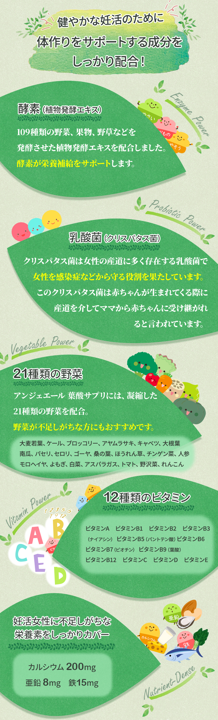 健やかな妊活のために体作りをサポートする成分をしっかり配合！酵素（植物発酵エキス）109種類の野菜、果物、野草などを発酵させた植物発酵エキスを配合しました。酵素が栄養補給をサポートします。乳酸菌（クリスパタス菌）クリスパタス菌は女性の産道に多く存在する乳酸菌種で、女性を感染症などから守る役割を果たしています。このクリスパタス菌は、赤ちゃんが生まれてくる際に産道を介してママから赤ちゃんに受け継がれると言われています
