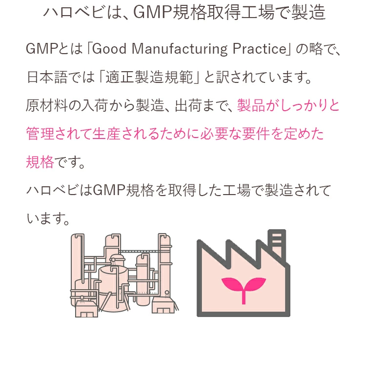お口に入るものだから。ハロベビは、GMP規格取得工場で製造 GMPとは「Good Manufacturing Practice」の略で、日本語では「適正製造規範」と訳されています。原材料の入荷から製造、出荷まで、製品がしっかりと管理されて生産されるために必要な要件を定めた規格です。ハロベビはGMP規格を取得した工場で製造されています。