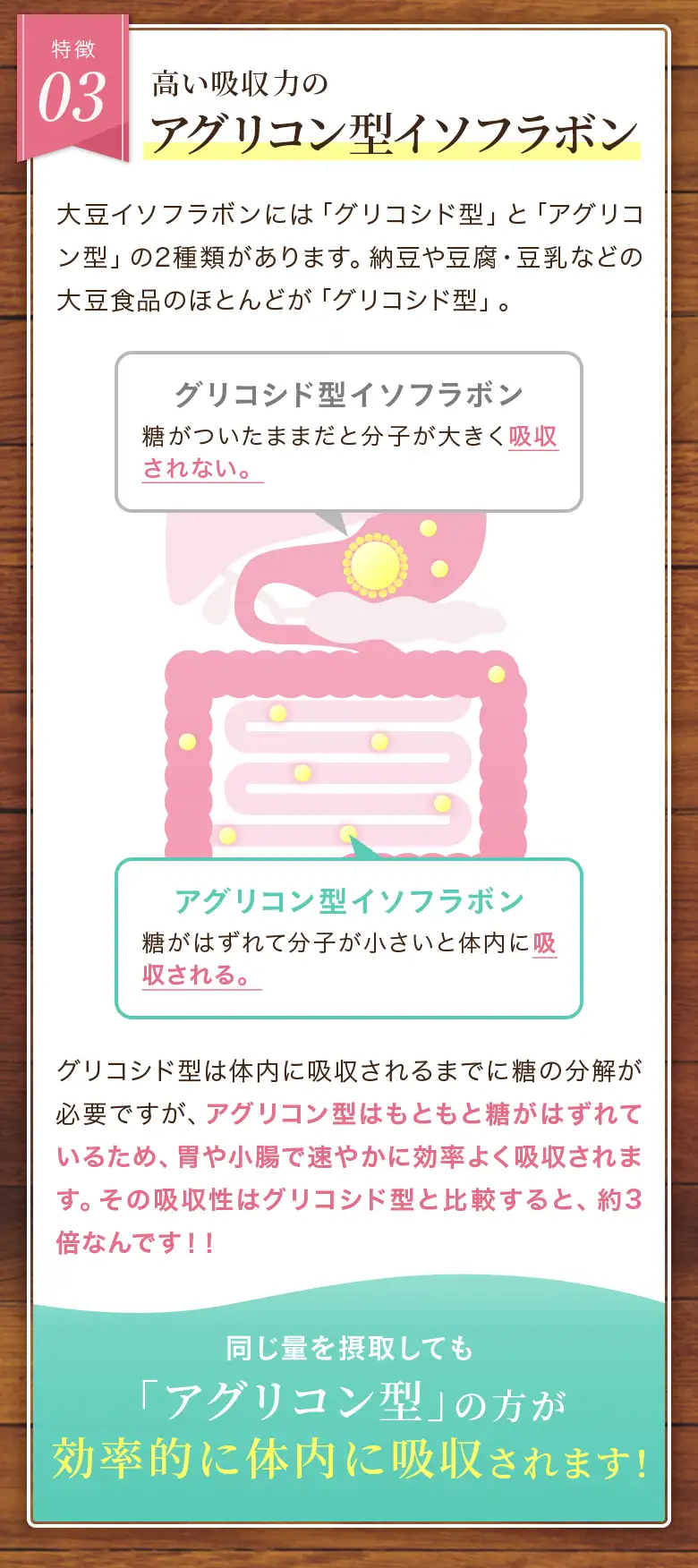 特徴03 高い吸収力のアグリコン型イソフラボン